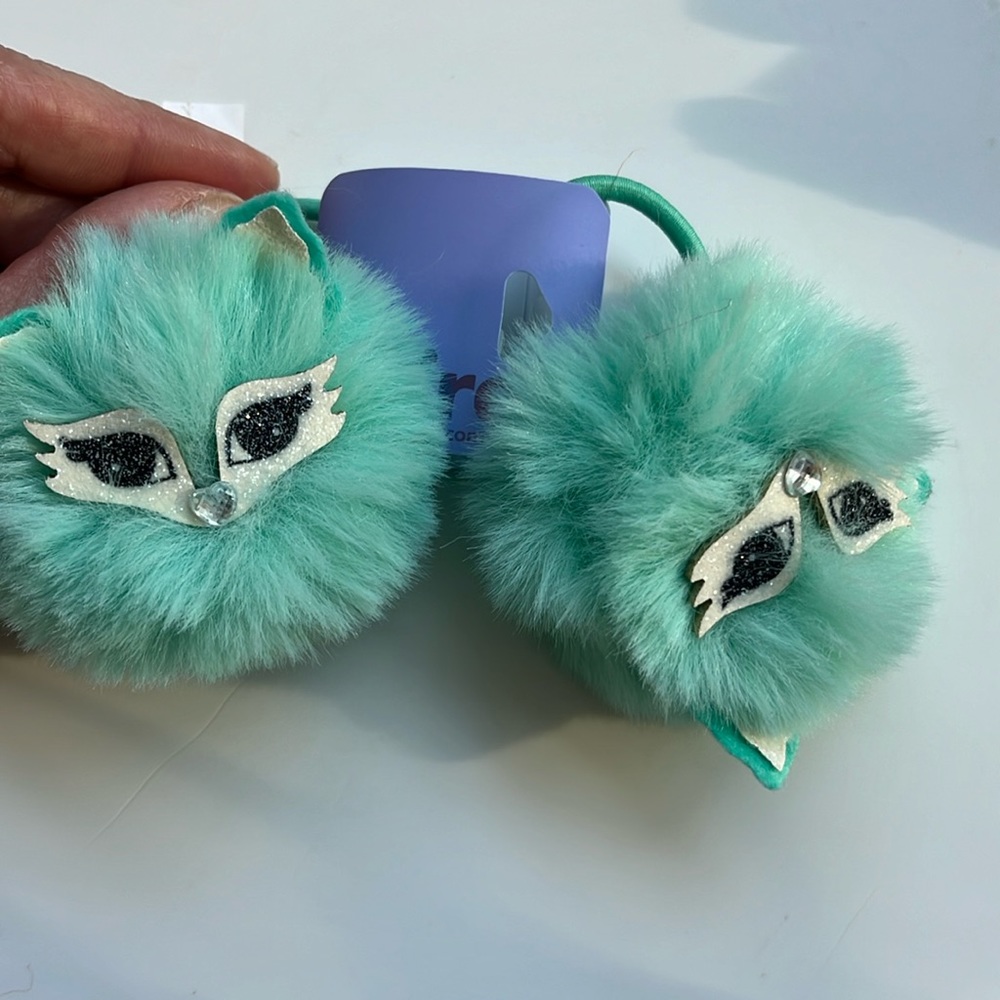 Fun Hair ties! Super furry cute aqua green fox! Sparking eras, crystal nose!